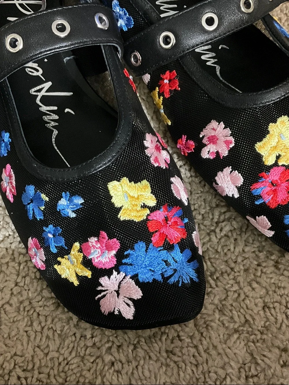 3.1 Phillip Lim Black Floral Embroidered Mesh Mary Jane Flats